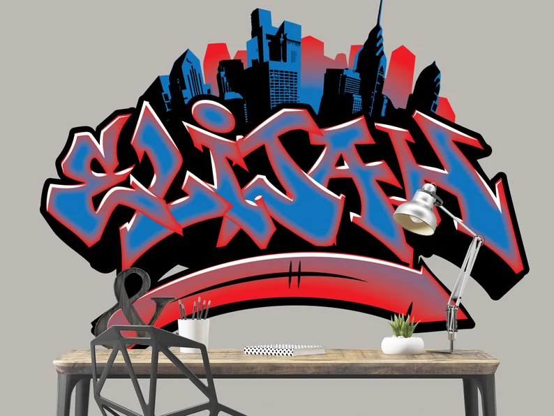 Personalized Name Graffiti Urban City And Arrow Wall Art -Teen Room Decal